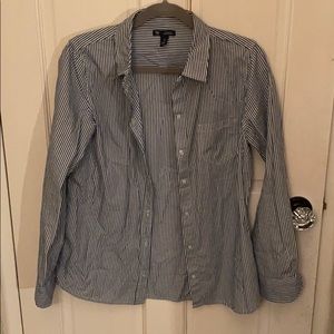 blue and white striped button down shirt